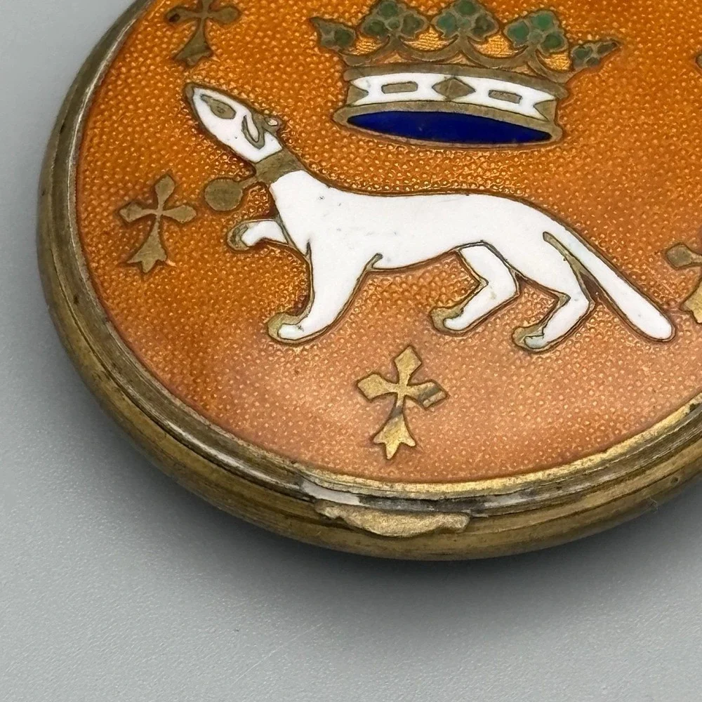 Antique Compact Powder Case French Cloisonné Enamel France Crown Ermine Cross